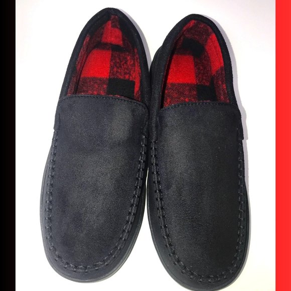 Men's Slippers - Black with Red Plaid Interior - Picture 1 of 4